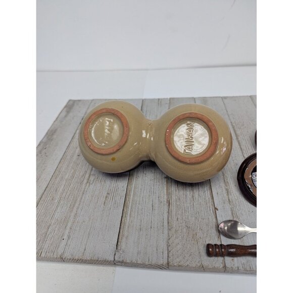 Vintage Dark Brown Glazed Stoneware Double Condiment Pot With Lids Spoons Taiwan - Picture 10 of 12